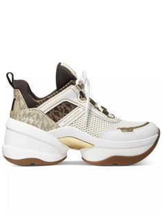 NEW MICHAEL KORS Olympia Mesh Metallic Logo Trainer Pale Gold Size 11 $195. Michael Kors Sneakers, Pale Gold, Trainer Sneakers, Puma Fierce Sneaker, Signature Print, Michael Kors Shoes, Metallic Logo, Trainers Women, Olympia