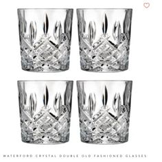 four crystal tumbler glasses are shown in three different sizes