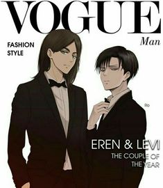 an image of a man and woman on the cover of a fashion magazine, which features two men in tuxedos