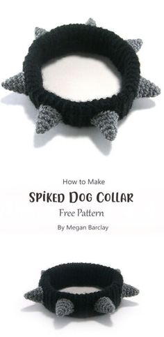 two different types of knitted dog collars with horns on them and the words, how to make spiked dog collar free pattern by morgan barclay