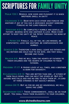 a blue and green poster with the words, scripturess for family unity