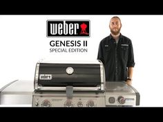 a man standing next to a bbq grill with the words welber on it