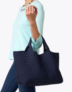 Embrace Naghedi's laid-back elegance with the best-selling St. Barths tote bag. It's expertly woven from neoprene and features a matching pouch that's perfect for toting your everyday essentials. Modern Woven Bags For On-the-go, Navy Travel Bag With Braided Handles, Naghedi St Barths, Career In Fashion Designing, Skirt And Top Dress, St Barths, Neoprene Tote, Work Accessories, Woven Handbags