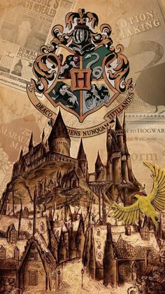 a hogwarts house on top of a pile of money with a bird flying over it