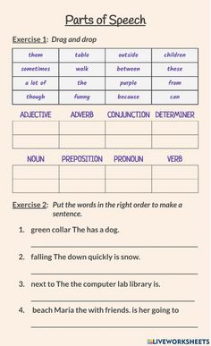 the worksheet for parts of speech