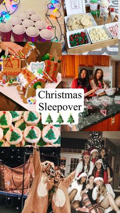 christmas sleepover collage with women dressed in costumes and decorated cookies on the table