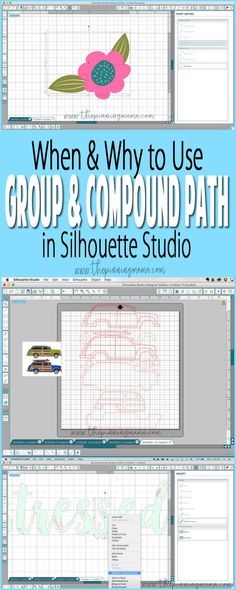 the front and back cover of an instructional book with text that reads, when & why to use group & compound path in silhouette studio