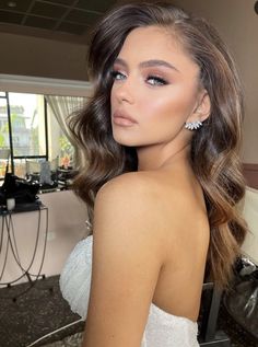 Bridal Blowout Hair Straight, Slicked Back Bangs Hair Down Wedding, Dewy Wedding Makeup, Wedding Airbrush Makeup Brunette, Hailey Bieber Wedding Hair And Makeup, Bridal Makeup For Brown Eyes, Ariana Wedding Makeup, Wedding Hairstyles For Girls, Hairstyles For All Hair Types