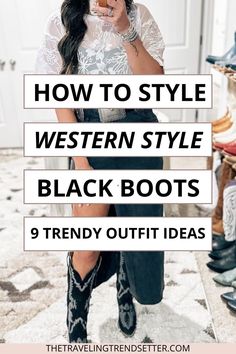 Step into Women's Fashion perfection with Black Western Boots. This post showcases versatile ways to wear Western Boots and incorporate them into your wardrobe. These Women's Shoes are perfect for creating bold, chic, and on-trend outfits for any occasion. How To Style Cowgirl Boots, Black Western Boots Outfit, Western Boot Outfit, Western Womens Fashion, Western Boots Outfit, Black Western Boots, Black Cowgirl Boots