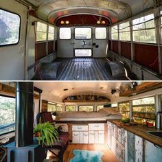 the inside and outside of an old school bus with wood floors, windows, and doors