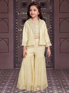 Best suited for any special occasion, your child is sure to garner adoring looks with this cream silk jacket style sharara suit. Featuring a dazzling sequins and zari work design, it makes for a standout piece at any event. Father's Day Specials, Cream Jacket, Sharara Suit, Cream Silk, Work Design, Zari Work, Silk Jacket, Salwar Suits, Jacket Style