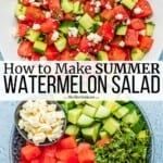 watermelon salad with feta cheese, cucumbers and tomatoes in a bowl