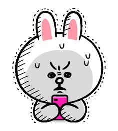 a cartoon bunny holding a cell phone in its paws and looking at it's face