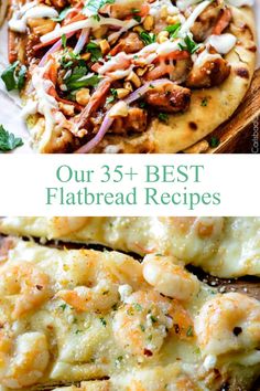 the best flatbread pizzas with shrimp and cheese on top are shown in this collage