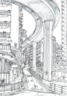 a drawing of a city street with buildings and cars on the road, as well as an overpass