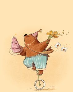 a brown bear riding on top of a unicycle holding a cake and flowers