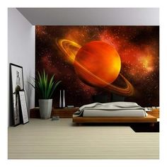 an image of a bedroom with planets and stars on the wall