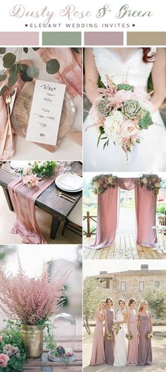 a collage of photos with pink flowers and greenery