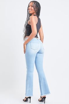 Add some retro-flare to any look with these essential jeans! Our Women's High Rise Super Flare Jean features a high-rise and a flared silhouette to give you a super flattering fit and the look of legs for days! Designed with a frayed hem to add some extra drama! Style them casually with a graphic tee and western-style booties, or dress them up with a bodysuit and heels. Either way, you’ll be sure to turn heads in these!Product Details- High-Rise - Flare Silhouette - 1-Button Closure with Zipper - 5 Pocket Construction - Frayed Hems Size & Fit (based on size 5)- Inseam: 32"- Rise: 10" - Leg Opening: 21"- Model is wearing a size 3 Machine wash cold. Tumble dry low.73% Cotton/ 25% Polyester/ 2% Spandex (Color: S933)75% Cotton/23% Polyester/1% Spandex/ 1% Rayon (Colors: L933, M933, W37) Super Flare Jeans, Ymi Jeans, L And Light, Women Essentials, Western Style, Medium Blue, Western Fashion, Flare Jeans, Graphic Tee