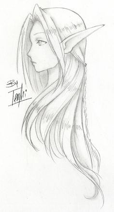 a drawing of a woman's head with long hair and a hat on her head