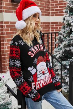 Christmas SANTA'S FAVORITE Round Neck Sweater – the GRATI shop Tacky Christmas, Black Santa, Boho Floral Dress, Outfit Trends, Round Neck Sweaters, Christmas Fashion, Ribbed Neckline, Christmas Knitting, Boho Maxi Dress