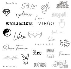 many different types of tattoos on a white background with the words wanderlust virgo