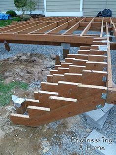 a wooden deck being built in front of a house