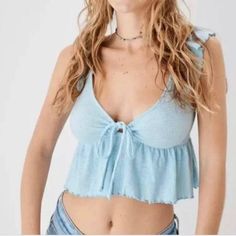 Baby Blue. New With Tags. Size Medium. Casual V-neck Crop Top With Ruffles, Casual V-neck Ruffled Crop Top, Sparkly Tank Top, American Eagle Top, Orange Tank Top, Yellow Knit, Mens Outfitters, Flutter Sleeves, Cropped Tank Top