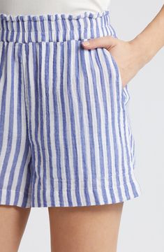 Perfect for warm days, these breathable organic-cotton gauze shorts feature smart stripes, a comfy elastic waistband and convenient pockets. 3 1/2" inseam; 26" leg opening; 13 1/4" front rise; 17" back rise (size Medium) Elastic waist Front slant pockets Lined 100% organic cotton Hand wash, line dry Imported Classic Shorts, Jerome Dreyfuss, Navy Linen, Vanessa Bruno, Vertical Stripes, Rip Curl, Drawstring Shorts, Striped Shorts, Overall Shorts