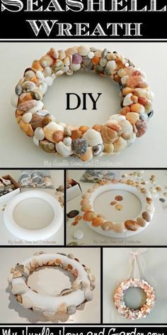 the instructions to make seashell wreaths with shells and sea glass are shown in this collage