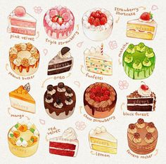 a drawing of many different types of cakes