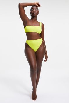 Good Basic Crinkle Bikini Bottoms Electric Yellow, Swim by Good American | LIT Boutique Swimwear Looks, Crinkle Fabric, Swim Fashion, One Shoulder Tops, Good American, Beach Pool, Jeans For Sale, Bright Yellow, Denim Shop