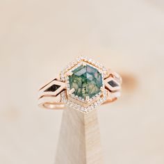 Browse Staghead Designs' "Crazy on you" a bridal suite-style moss agate women's engagement ring with a diamond halo, whiskey barrel inlay, & diamond tracers. Moss Agate Engagement Ring, Staghead Designs, Mom Ring, Agate Engagement Ring, Contemporary Ring, Ring With Diamond, Ceramic Rings, Whiskey Barrel, Detailed Ring