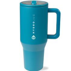 a blue travel mug with the words hydro on it's front and side handles