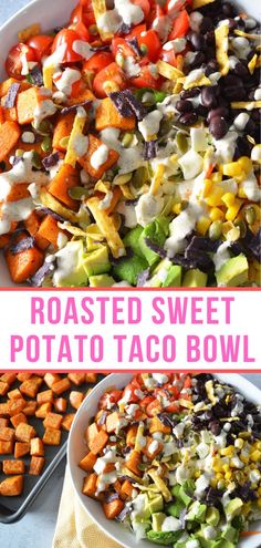 Roasted Sweet Potato Taco Bowls Sweet Potato Tacos Bowls, Sweet Potato Bowl Meal Prep, Sweet Potato Lunch Bowl, Healthy Meal Prep Sweet Potato, Supper Ideas With Sweet Potatoes, Sweet Potato Recipes Snacks, Black Bean And Sweet Potato Bowl, Gluten Free Taco Bowls, Sweet Potato Bowl Lunch