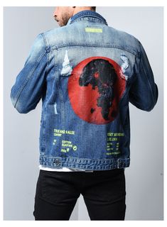 Jean Jacket Art, Denim Jacket Back, Art Patches, Ripped Jacket, Jacket Art, Custom Denim Jacket, Jean Jacket Men, Printed Denim Jacket, Streetwear Jeans