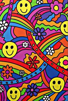 an abstract painting with smiley faces and flowers