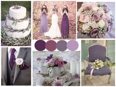 a collage of photos with purple and white wedding colors in the middle one has a bride's bouquet, while the other two are lavender hues