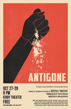 a poster for an antigone show with a hand holding something in the air