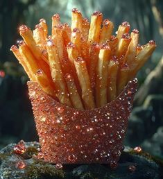 a basket filled with lots of french fries covered in raindrops on top of a rock