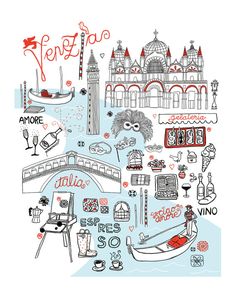 an illustrated drawing of venice, italy with the famous buildings and landmarks in red ink