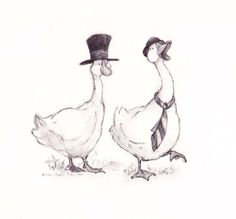 two chickens wearing hats and ties, one with a top hat on his head while the other wears a tie