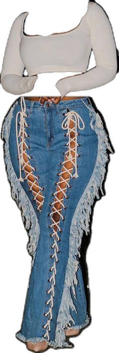 Elastic Jeans, Tassels Decor, Straight Pants, Slim Jeans, Straight Cut, Ankle Length, Tassels, Lace Up, Solid Color