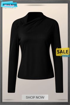 High Elasticity Plain Asymmetrical Long Sleeve Regular Fit T-shirt Buy Tshirts, Shop Now, T Shirts For Women, Long Sleeve, Best Deals, T Shirt, Black, Color