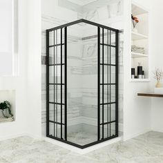 a corner shower stall in a bathroom with marble flooring and white walls, surrounded by shelving