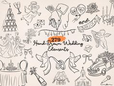 hand drawn wedding elements on white paper with orange marker and black ink, in the middle