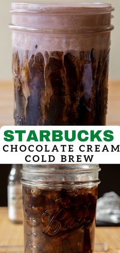 starbucks's chocolate ice cream cold brew in a mason jar with text overlay