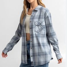 New With Tags Lightweight Flannel Tagged Size Small- Oversized Button Down Long Sleeves Light Grey And Muted Blue Colors Pit To Pit Measures About 20” Across Blue Flannel Outfits, Light Blue Flannel, Oversized Flannel Shirt, Cropped Button Up Shirt, Blue Flannel Shirt, Flannel Outfits, Womens Flannel Shirt, Oversized Flannel, Blue Flannel