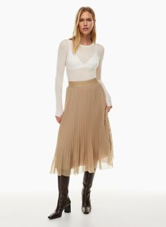 NEW TWIRL PLEATED SKIRT | Aritzia Chiffon Midi Skirt, Pleated Chiffon, Pleated Skirt, Midi Skirt, Elastic Waist, High Rise, Chiffon, Elastic, Skirt