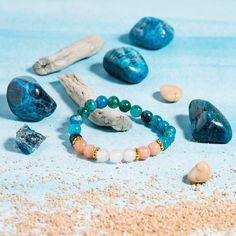 Handcrafted on a tension tested stretch cord with authentic Apatite, Clear Quartz, and Sunstone gemstones. Sunstone Bracelet, Jewelry Diy, Clear Quartz, Beaded Bracelets, Bracelet, Gemstones, Beads, Crystals